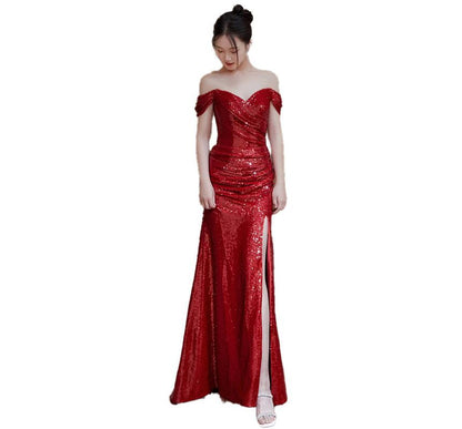 Off-Shoulder Sequin Side-Slit Trumpet Evening Gown