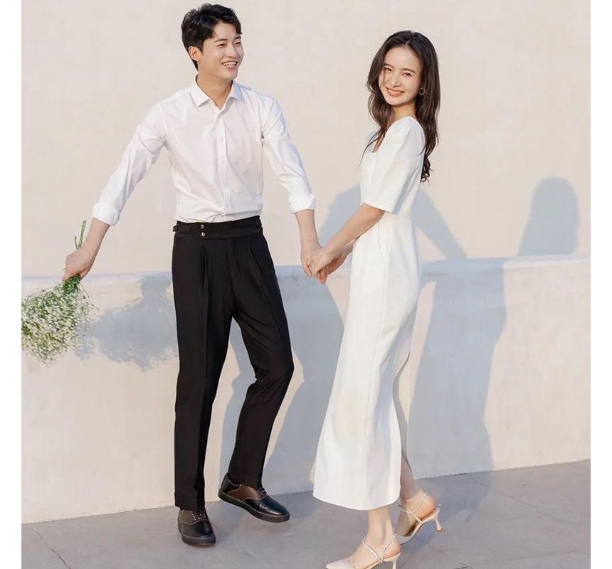 Short-Sleeve Square Neck Plain Sheath Wedding Dress