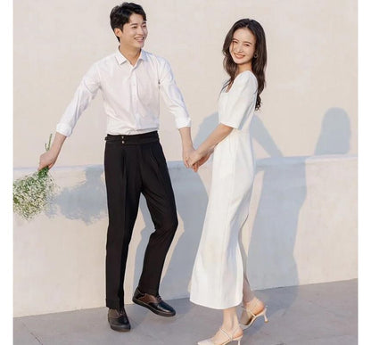 Short-Sleeve Square Neck Plain Sheath Wedding Dress