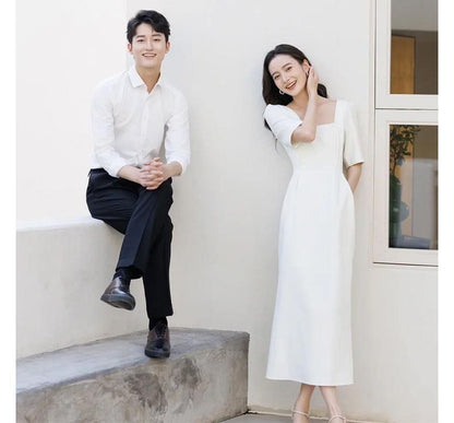Short-Sleeve Square Neck Plain Sheath Wedding Dress