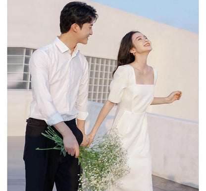 Short-Sleeve Square Neck Plain Sheath Wedding Dress