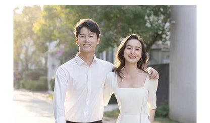 Short-Sleeve Square Neck Plain Sheath Wedding Dress