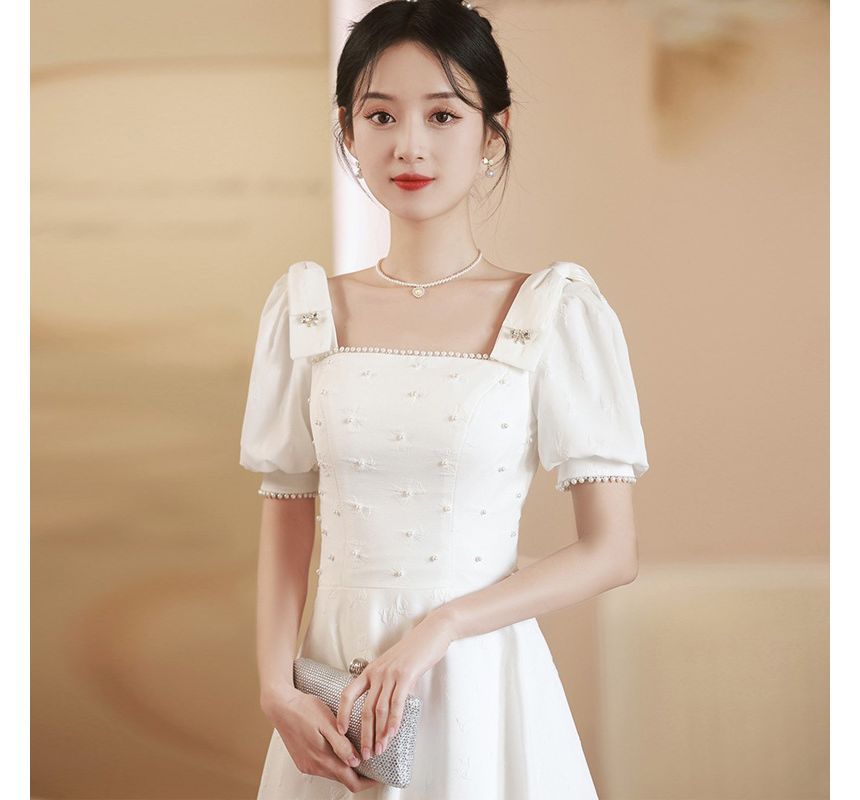 Puff-Sleeve Square-Neck Faux Pearl Sequined A-Line Cocktail Dress