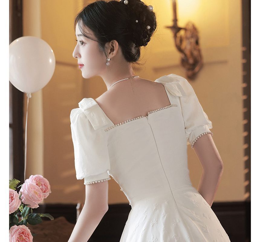 Puff-Sleeve Square-Neck Faux Pearl Sequined A-Line Cocktail Dress