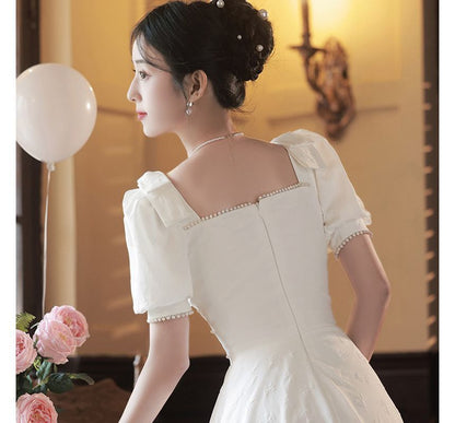 Puff-Sleeve Square-Neck Faux Pearl Sequined A-Line Cocktail Dress