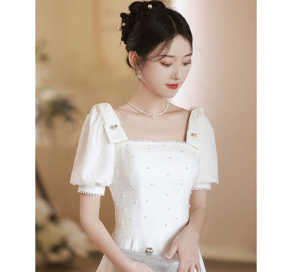 Puff-Sleeve Square-Neck Faux Pearl Sequined A-Line Cocktail Dress
