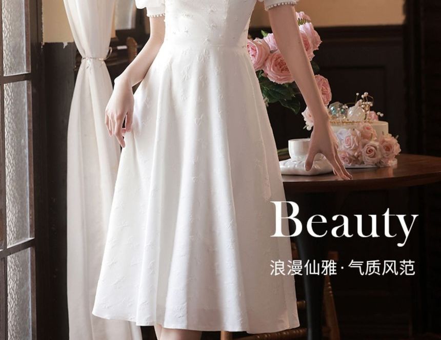 Puff-Sleeve Square-Neck Faux Pearl Sequined A-Line Cocktail Dress
