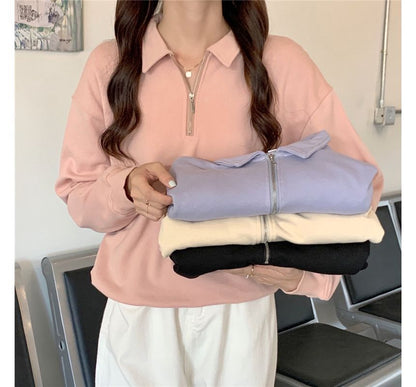 Long-Sleeve Plain Half-Zip Polo-Neck Sweatshirt