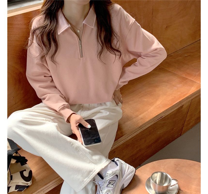 Long-Sleeve Plain Half-Zip Polo-Neck Sweatshirt