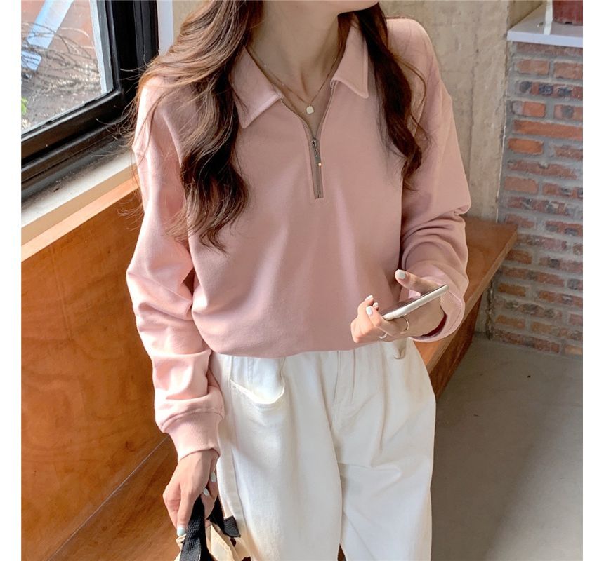 Long-Sleeve Plain Half-Zip Polo-Neck Sweatshirt