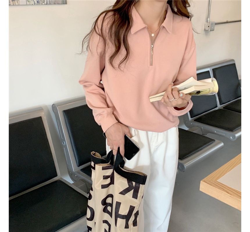 Long-Sleeve Plain Half-Zip Polo-Neck Sweatshirt