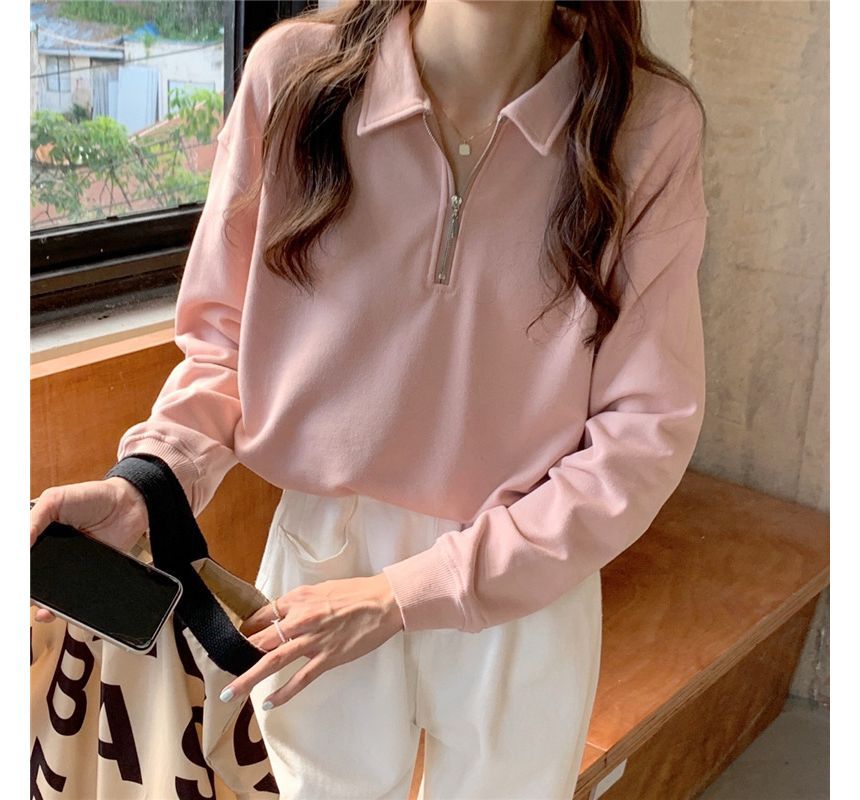Long-Sleeve Plain Half-Zip Polo-Neck Sweatshirt