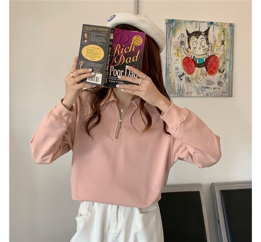 Long-Sleeve Plain Half-Zip Polo-Neck Sweatshirt