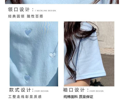 Short-Sleeve Round Neck Heart Embroidered Tee