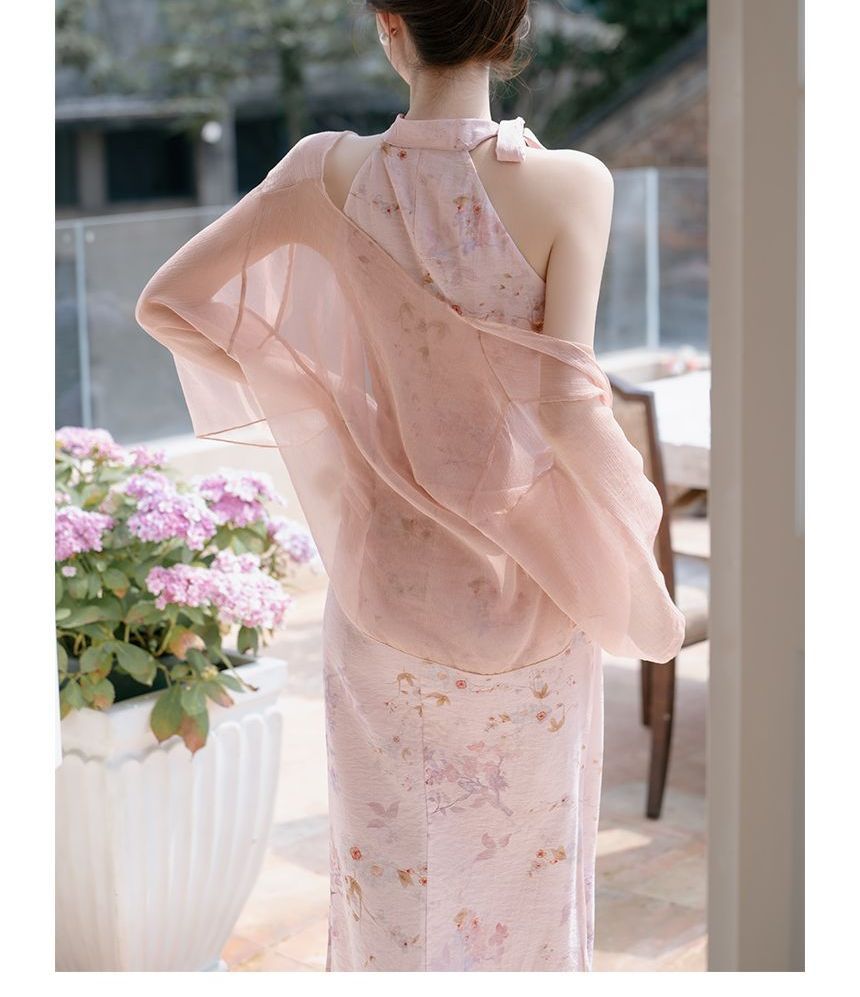 Sleeveless Tie Neck Floral Midi Qipao / Light Jacket / Set