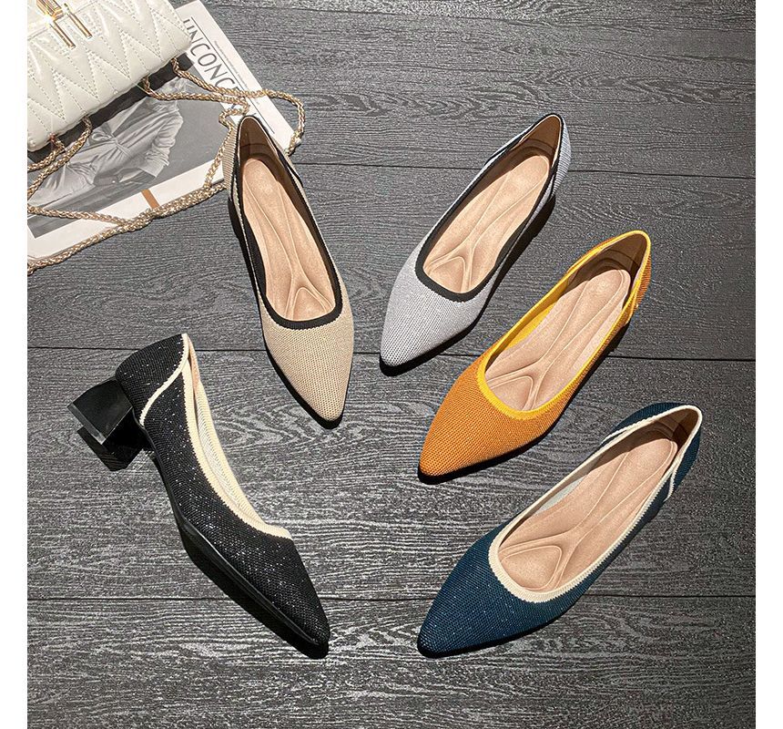 Pointed Contras Trim Chunky Heel Pumps