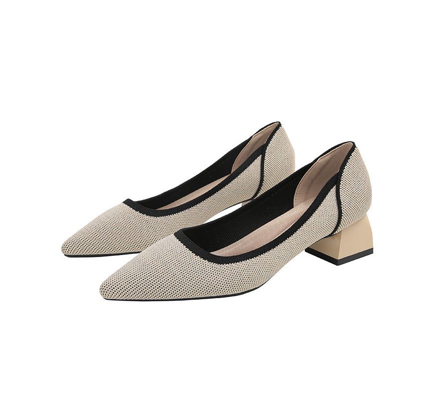 Pointed Contras Trim Chunky Heel Pumps