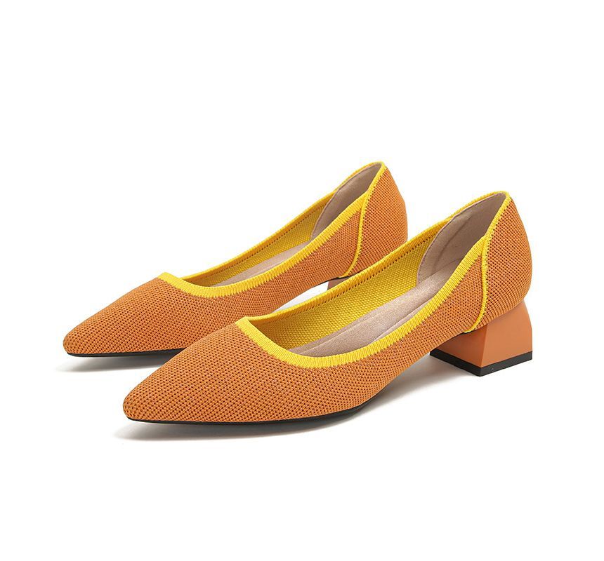 Pointed Contras Trim Chunky Heel Pumps