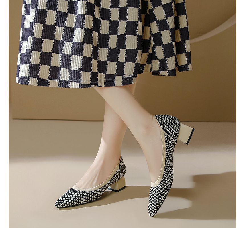 Pointed Patterned Chunky Heel Pumps