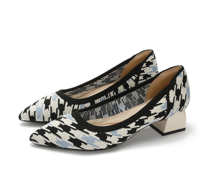 Pointed Patterned Chunky Heel Pumps