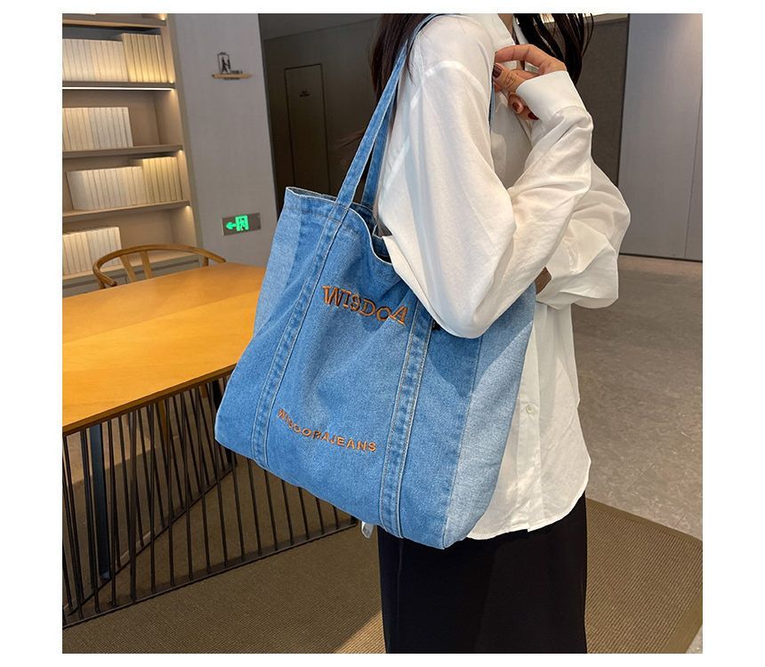 Lettering Embroidered Washed Denim Tote Bag