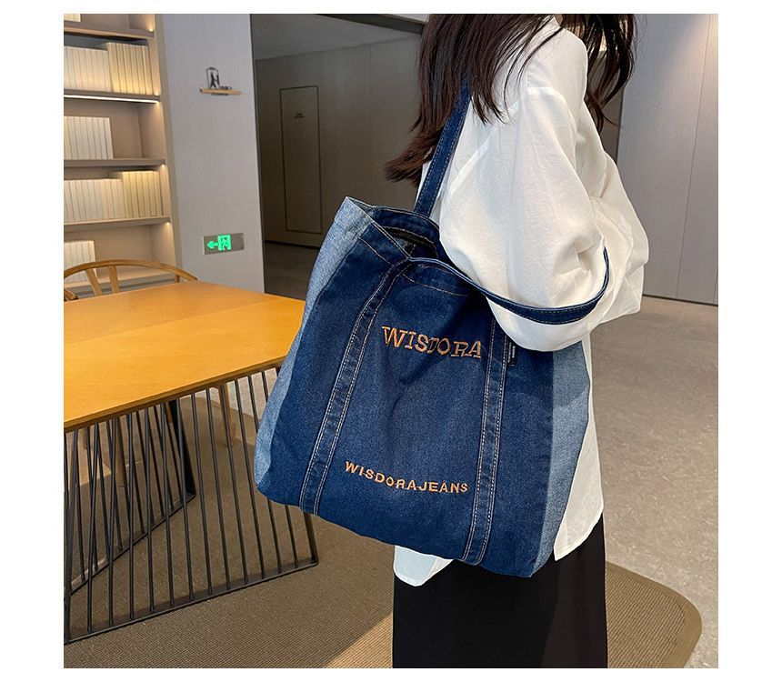 Lettering Embroidered Washed Denim Tote Bag