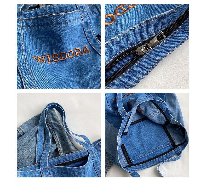 Tote Bag aus gewaschenem Denim mit aufgesticktem Schriftzug