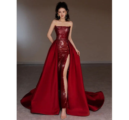 Strapless Sequined Paneled A-Line Evening Gown