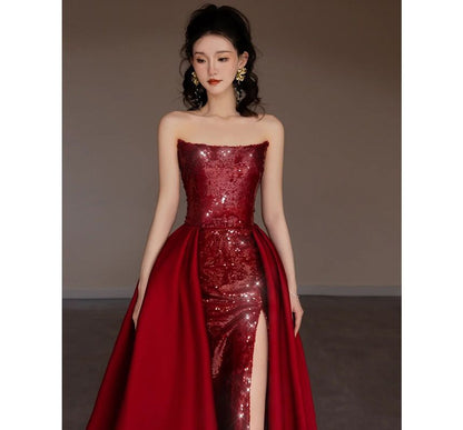 Sequined Strapless A-Line Paneled Gown Evening