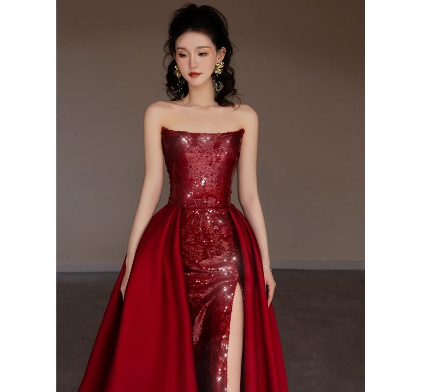 Strapless Sequined Paneled A-Line Evening Gown