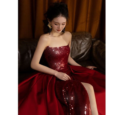 Sequined Strapless A-Line Paneled Gown Evening