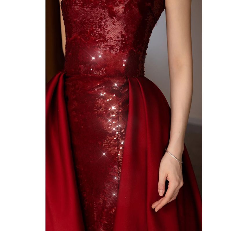 Sequined Strapless A-Line Paneled Gown Evening