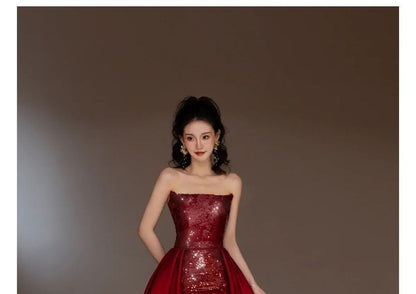 Sequined Strapless A-Line Paneled Gown Evening