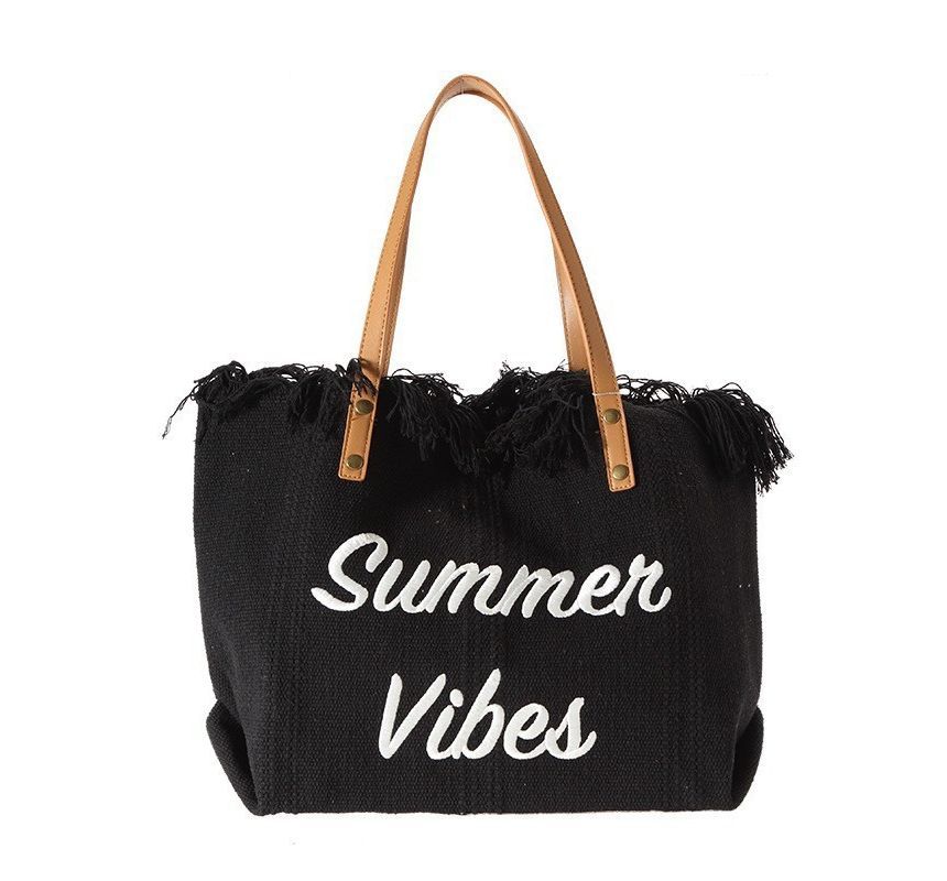 Letter Embroidered Fringed Trim Tote Bag