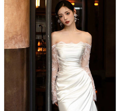 Off-Shoulder Long Lace-Sleeve A-Line Wedding Gown