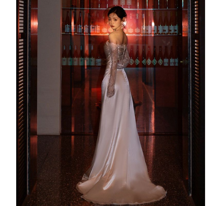 Off-Shoulder Long Lace-Sleeve A-Line Wedding Gown