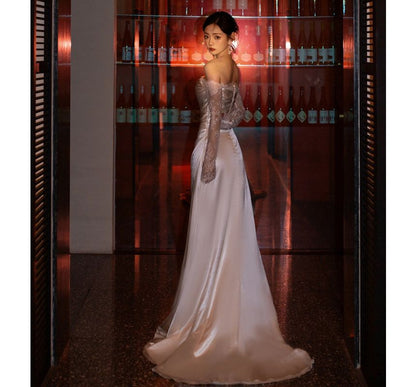 Off-Shoulder Long Lace-Sleeve A-Line Wedding Gown