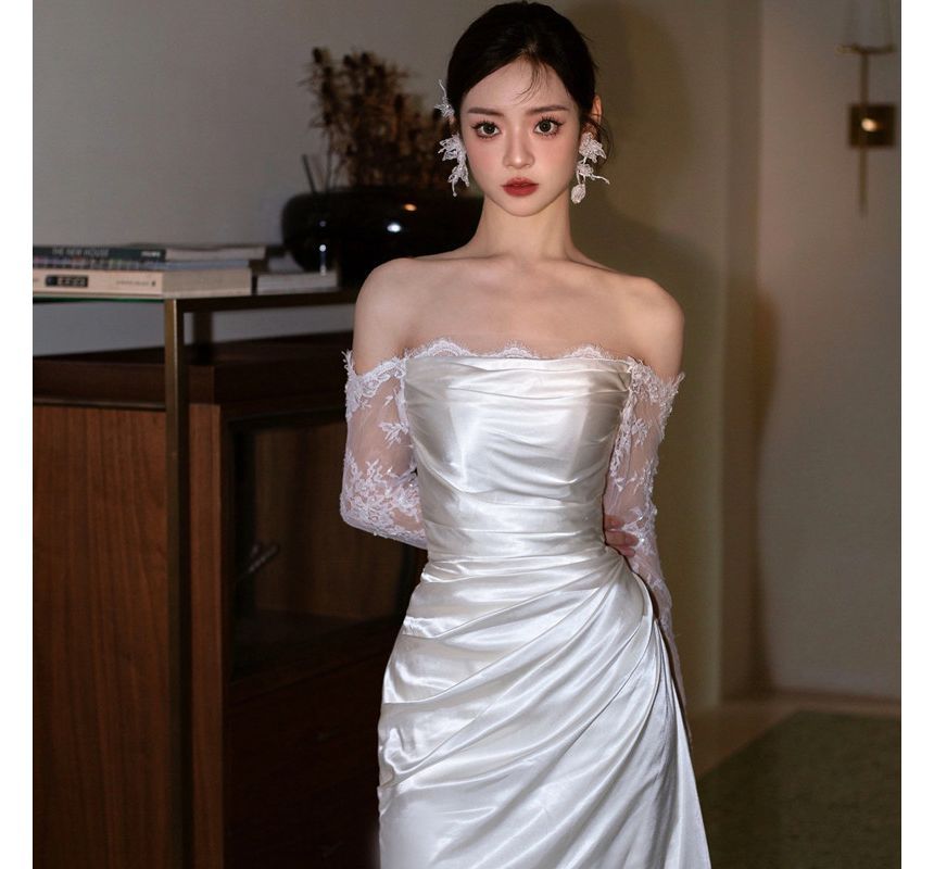 Off-Shoulder Long Lace-Sleeve A-Line Wedding Gown
