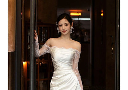 Off-Shoulder Long Lace-Sleeve A-Line Wedding Gown
