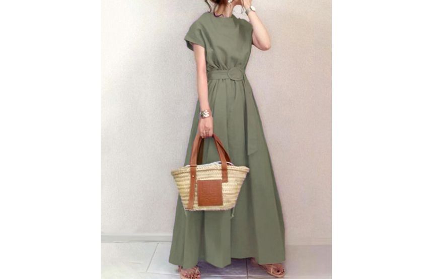 Short Sleeve Crewneck A-Line Maxi Dress