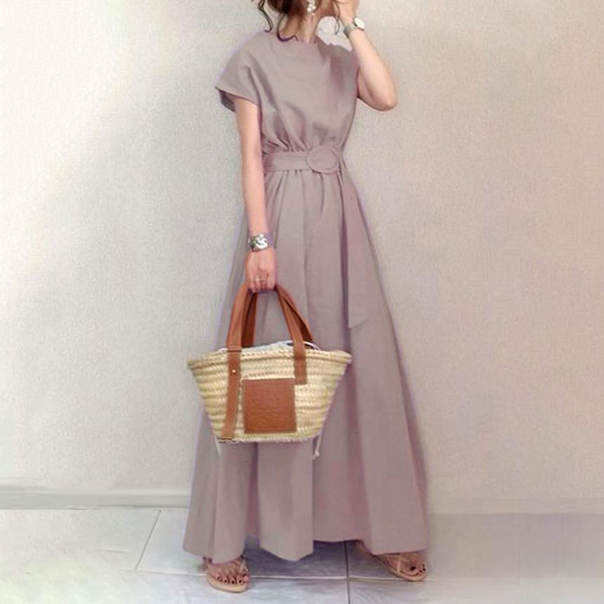 Short Sleeve Crewneck A-Line Maxi Dress