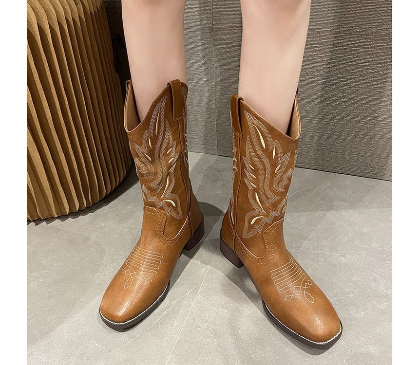 Heel Embroidered Chunky Boots Cowboy