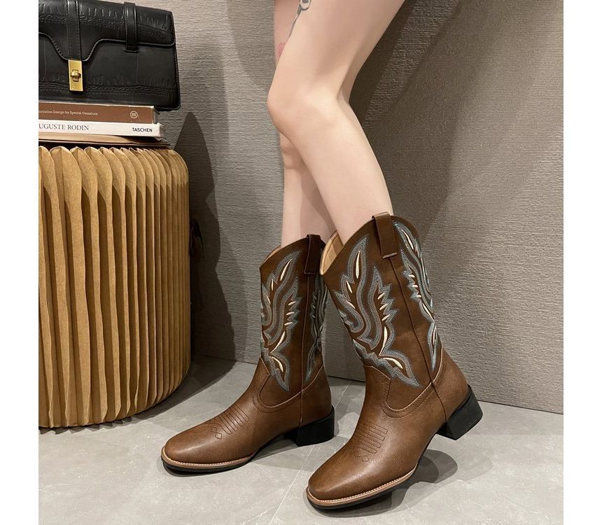 Heel Embroidered Chunky Boots Cowboy