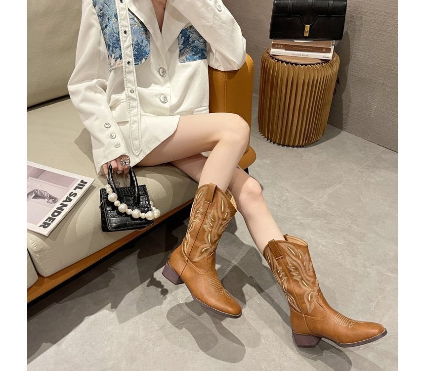 Heel Embroidered Chunky Boots Cowboy