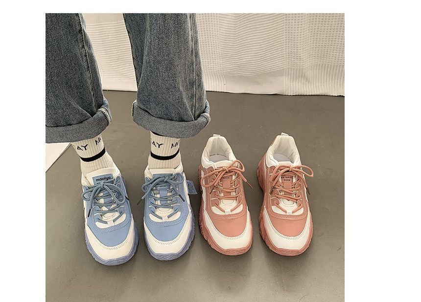 Two Tone Applique Lace-Up Platform Sneakers