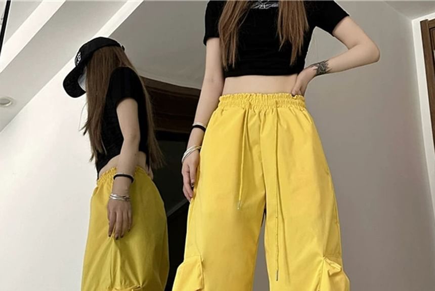 Mid Rise Plain Drawstring Cargo Baggy Pants