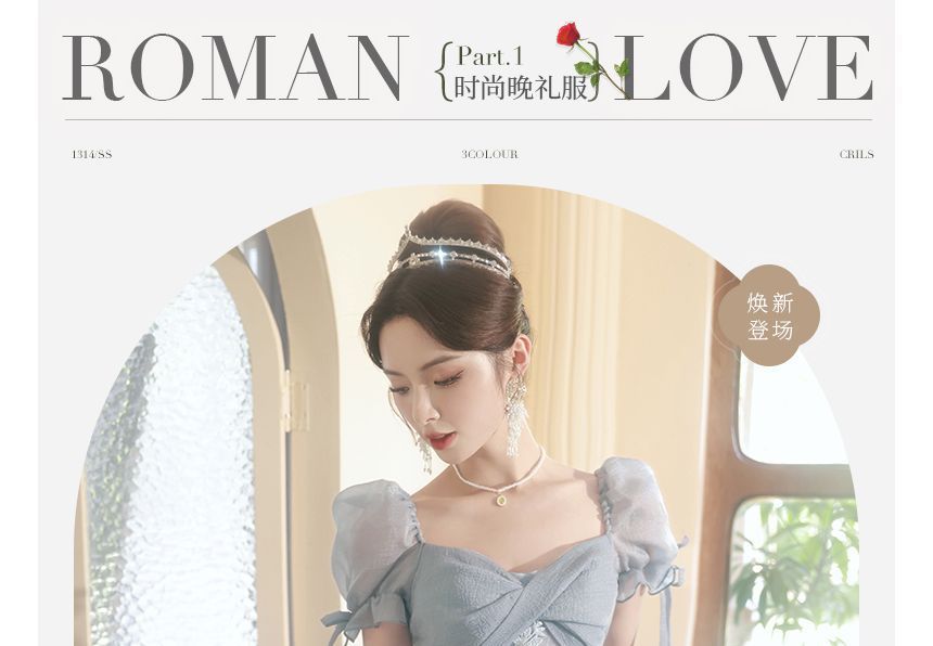 Short-Sleeve Lace-Up Back Mesh A-Line Evening Gown