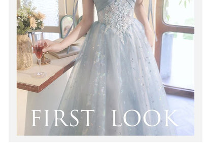 Short-Sleeve Lace-Up Back Mesh A-Line Evening Gown
