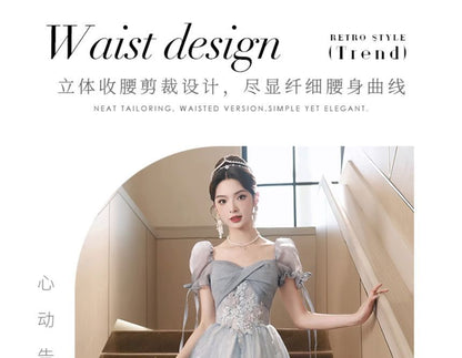 Short-Sleeve Lace-Up Back Mesh A-Line Evening Gown