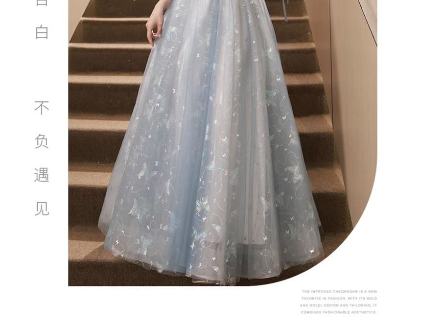 Short-Sleeve Lace-Up Back Mesh A-Line Evening Gown